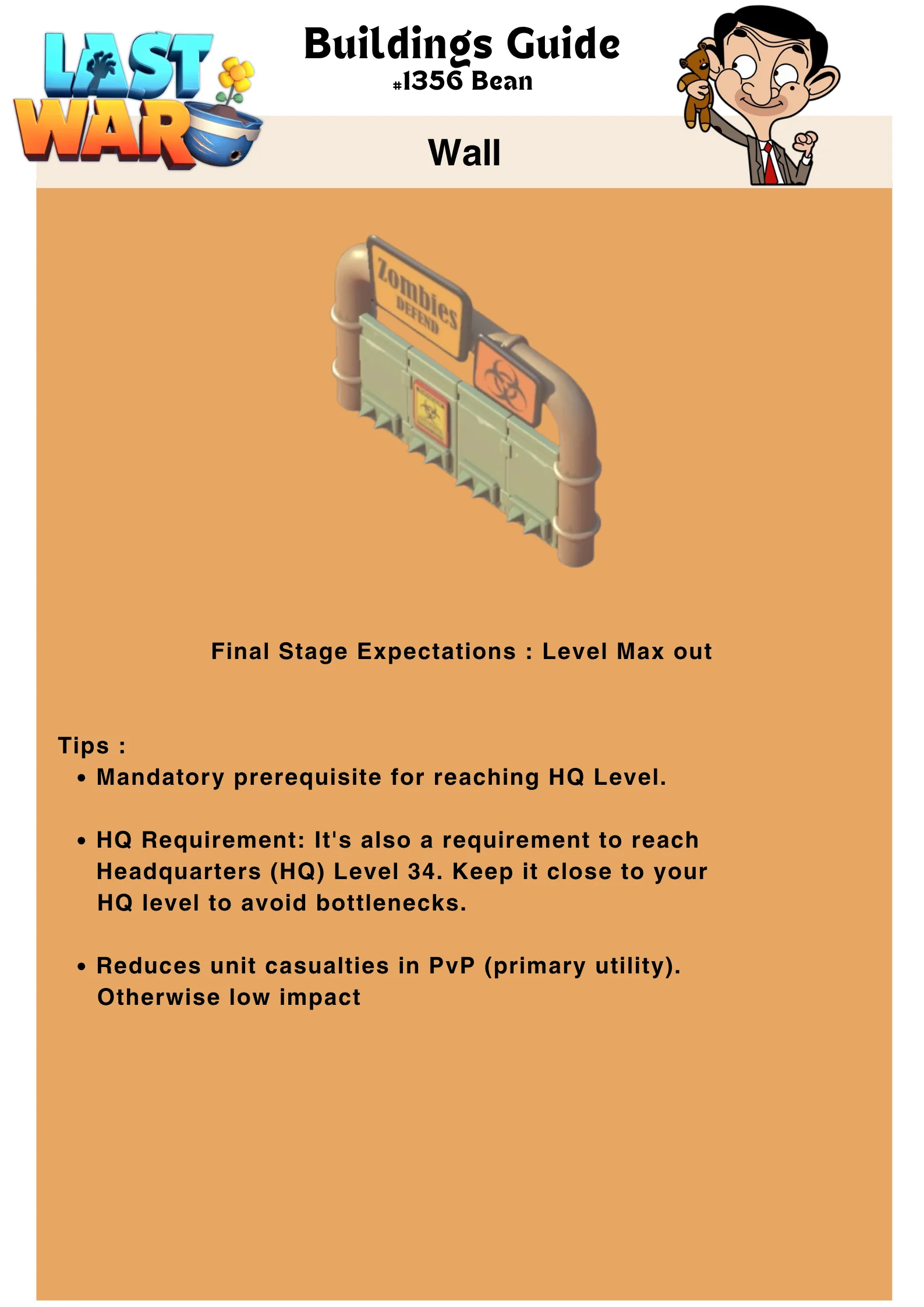 Infographic showing the Wall building in Last War: Survival Game, with text tips about its role as an HQ prerequisite, advice to max out its level, and notes on its PvP utility.