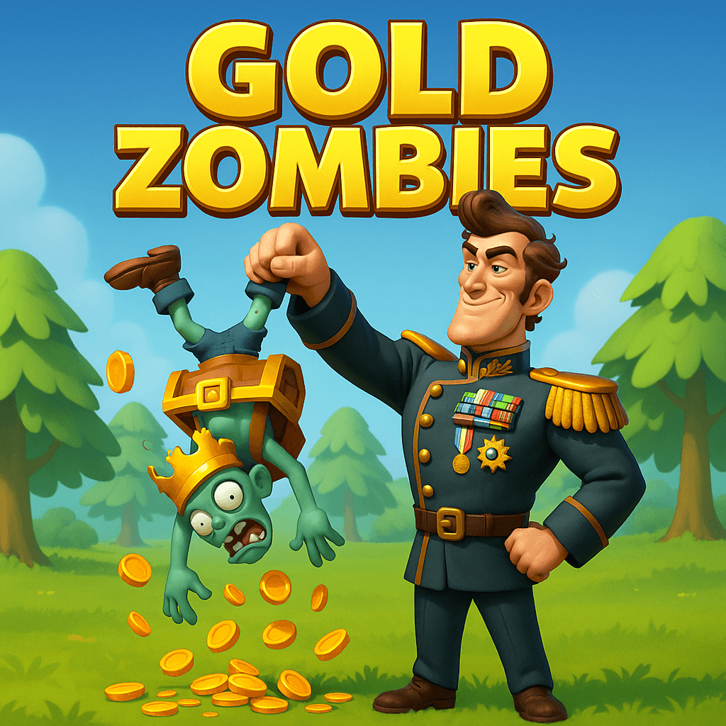 A cartoon-style image of a uniformed commander holding an upside-down zombie wearing a crown and backpack, with gold coins spilling from the zombie. The background features trees and a blue sky, and large bold text at the top reads 'GOLD ZOMBIES.'