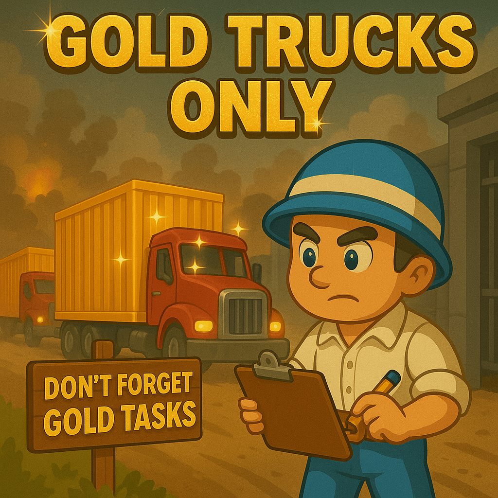 Cartoon-style illustration showing a character in a blue hard hat holding a clipboard, standing in front of several red trucks with gold containers. A sign in the foreground reads 'DON'T FORGET GOLD TASKS' and the top of the image displays 'GOLD TRUCKS ONLY.'