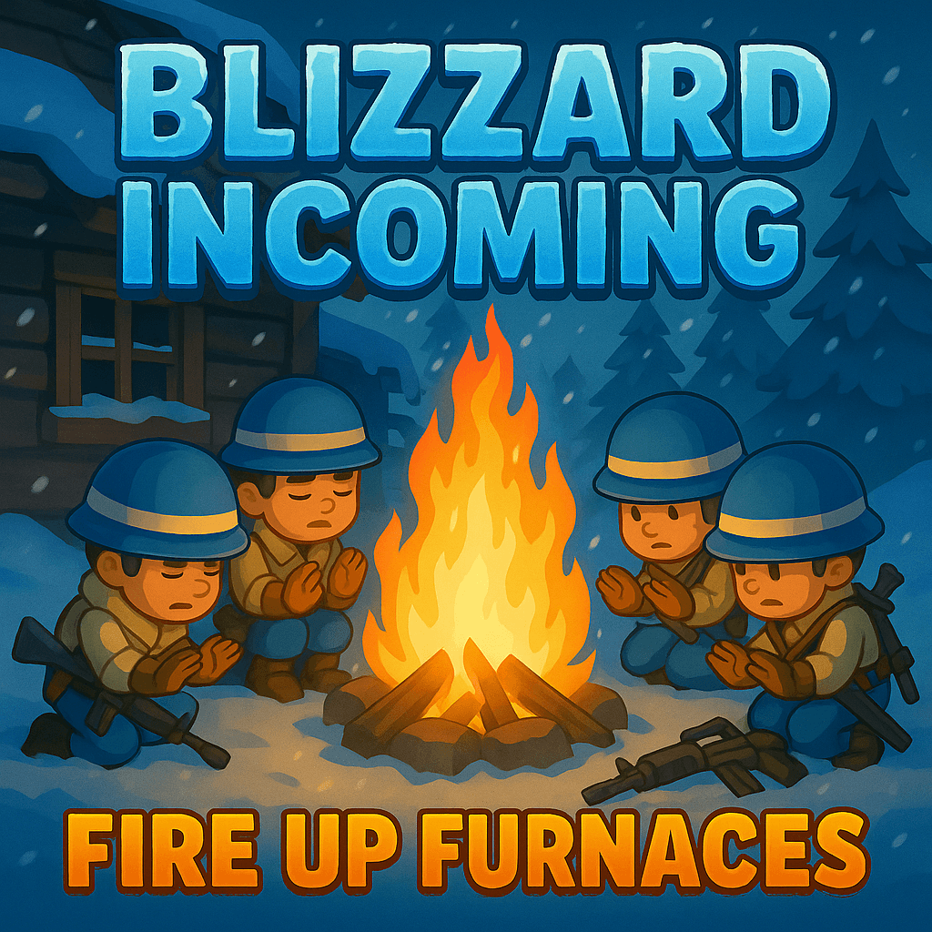 Four cartoon-style soldiers in blue helmets and winter clothing sit around a campfire, warming their hands, in a snowy outdoor setting with snow-covered trees and a cabin. Large text reads 'BLIZZARD INCOMING' at the top and 'FIRE UP FURNACES' at the bottom.