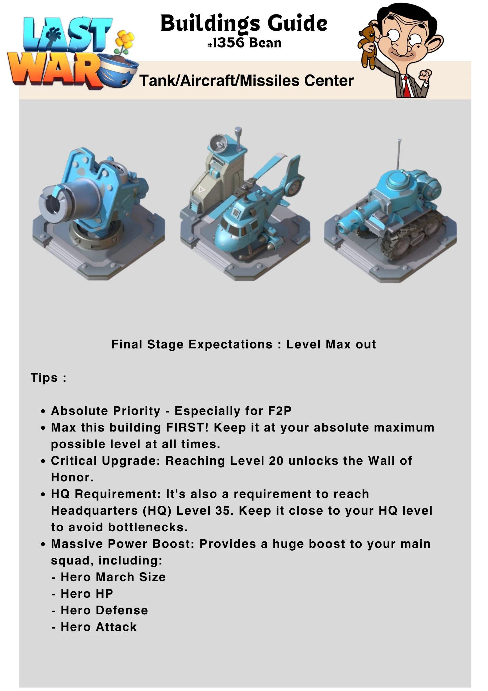 Infographic titled 'Buildings Guide' for Last War: Survival Game, focusing on Tank, Aircraft, and Missiles Center. Lists upgrade tips, key milestones like Level 20 and HQ 35, and benefits such as hero march size, HP, defense, and attack increases.