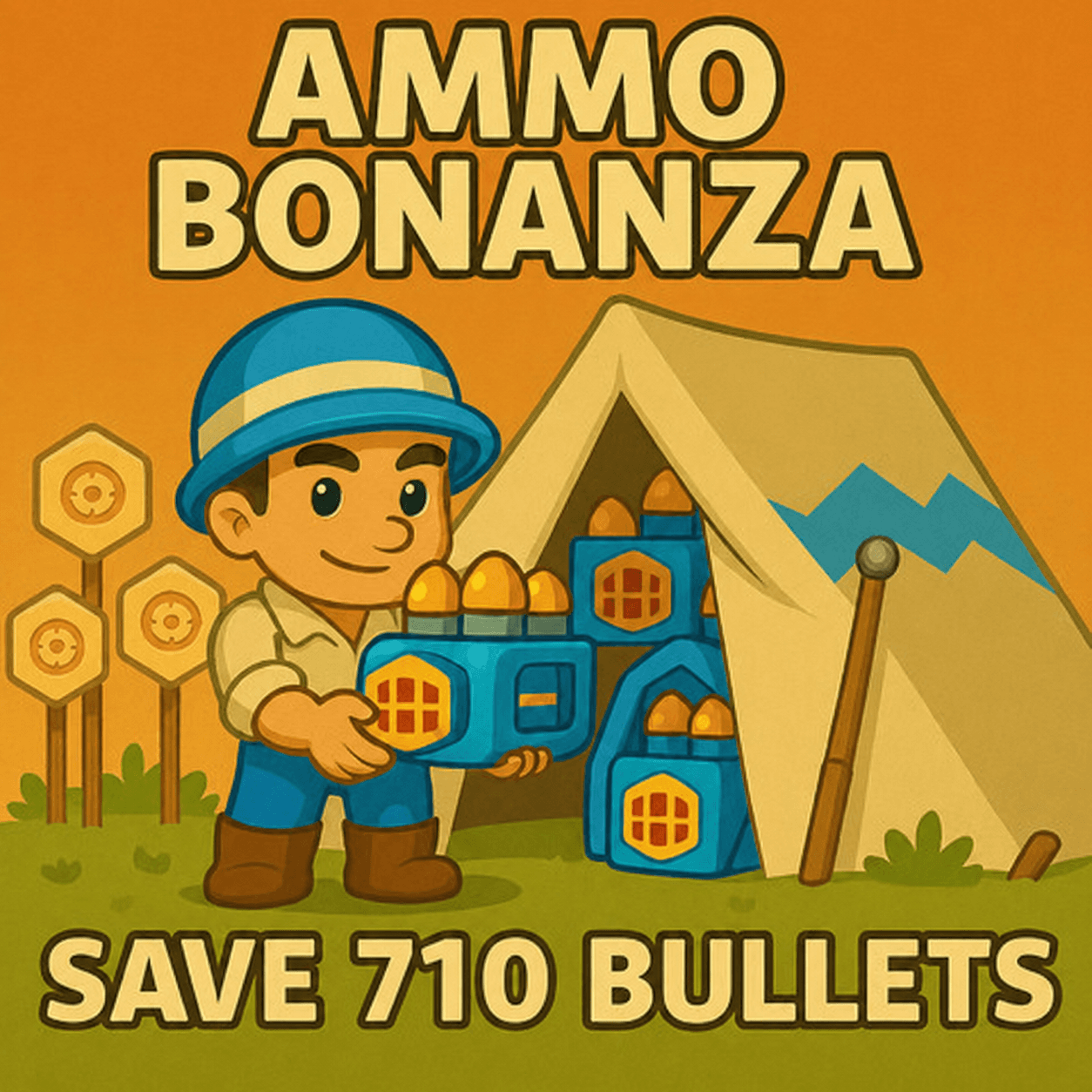 Cartoon character in a blue helmet holding a crate of large bullets, standing in front of a tent filled with crates of ammunition. The text reads 'AMMO BONANZA SAVE 710 BULLETS.'