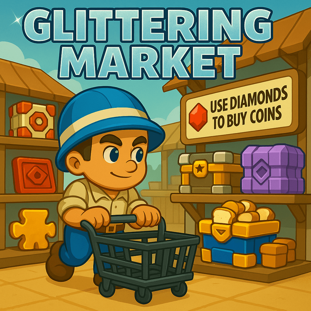 Cartoon-style market scene with a character pushing a shopping cart past shelves displaying chests, bread, and puzzle pieces. A sign reads 'Use Diamonds to Buy Coins' and the title 'Glittering Market' appears at the top.