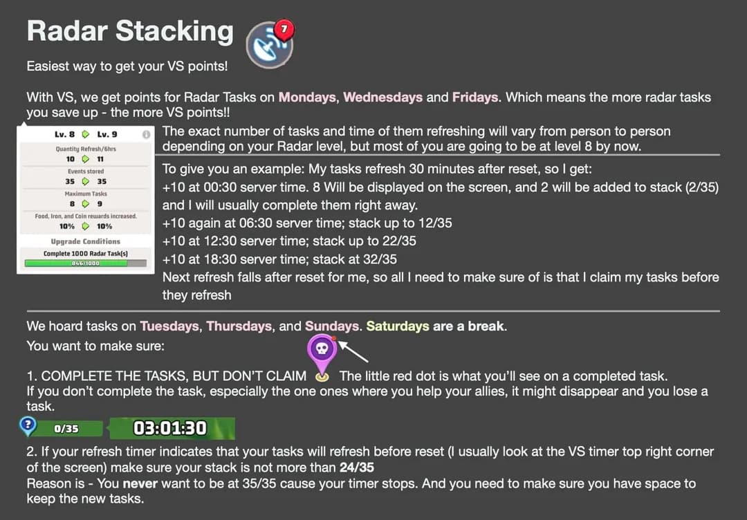 Infographic with text instructions and a sample schedule explaining how to stack and time Radar Tasks for VS points, including a table of refresh times, task limits, and highlighted warnings about not letting the task stack reach maximum.