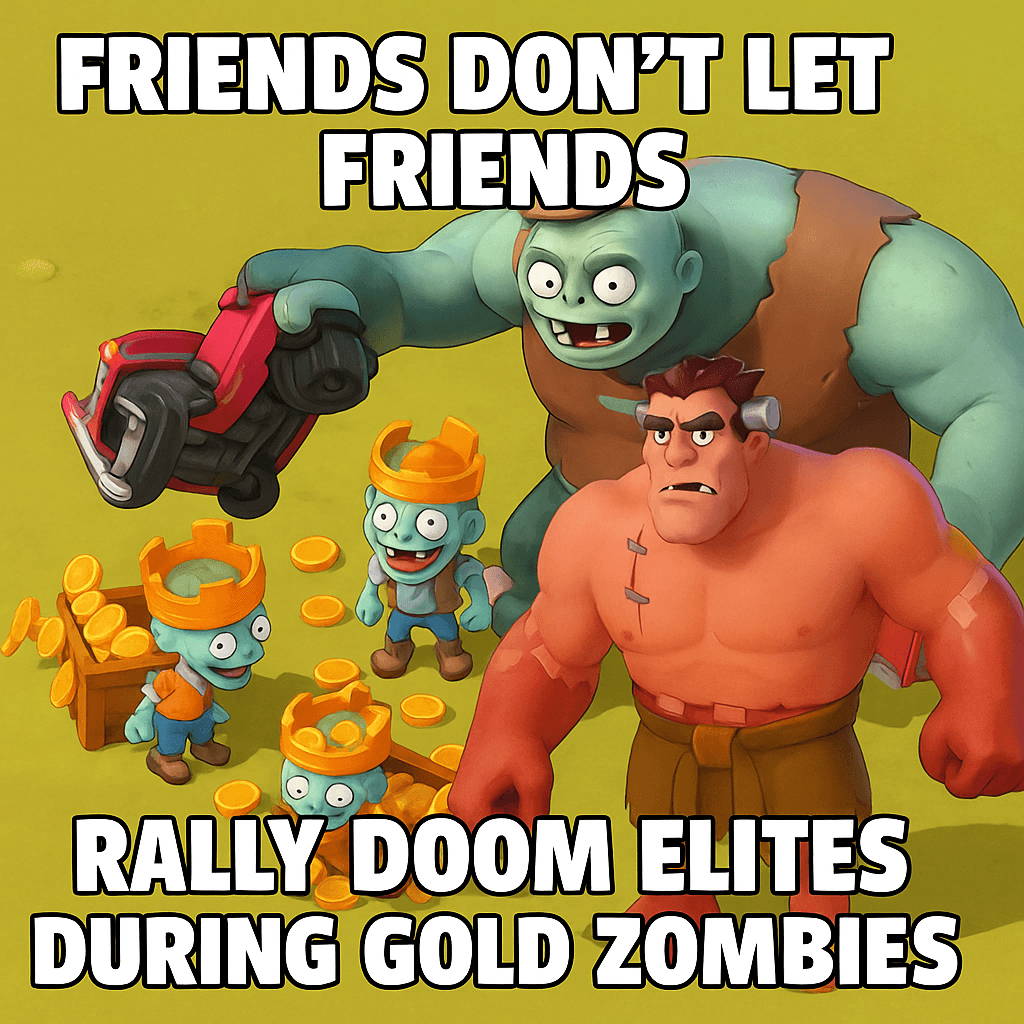 Cartoon-style image with zombies wearing gold crowns and holding coins, a large zombie with a chainsaw, and a muscular human character. Bold white text reads: 'FRIENDS DON'T LET FRIENDS RALLY DOOM ELITES DURING GOLD ZOMBIES.'