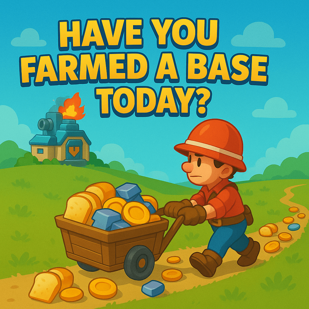 Cartoon character in a red helmet pushes a wheelbarrow filled with gold coins, bread, and blue resources along a path, passing a burning base, with the text 'HAVE YOU FARMED A BASE TODAY?' at the top.