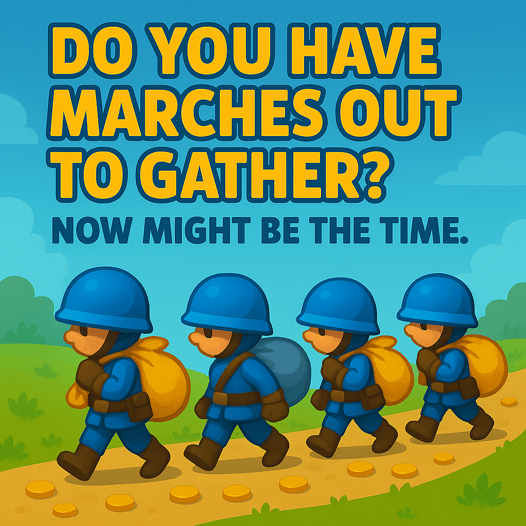 Four cartoon soldiers in blue uniforms and helmets march with yellow backpacks along a path in a bright, stylized outdoor landscape with greenery and a blue sky. Text reads: 'DO YOU HAVE MARCHES OUT TO GATHER? NOW MIGHT BE THE TIME.'