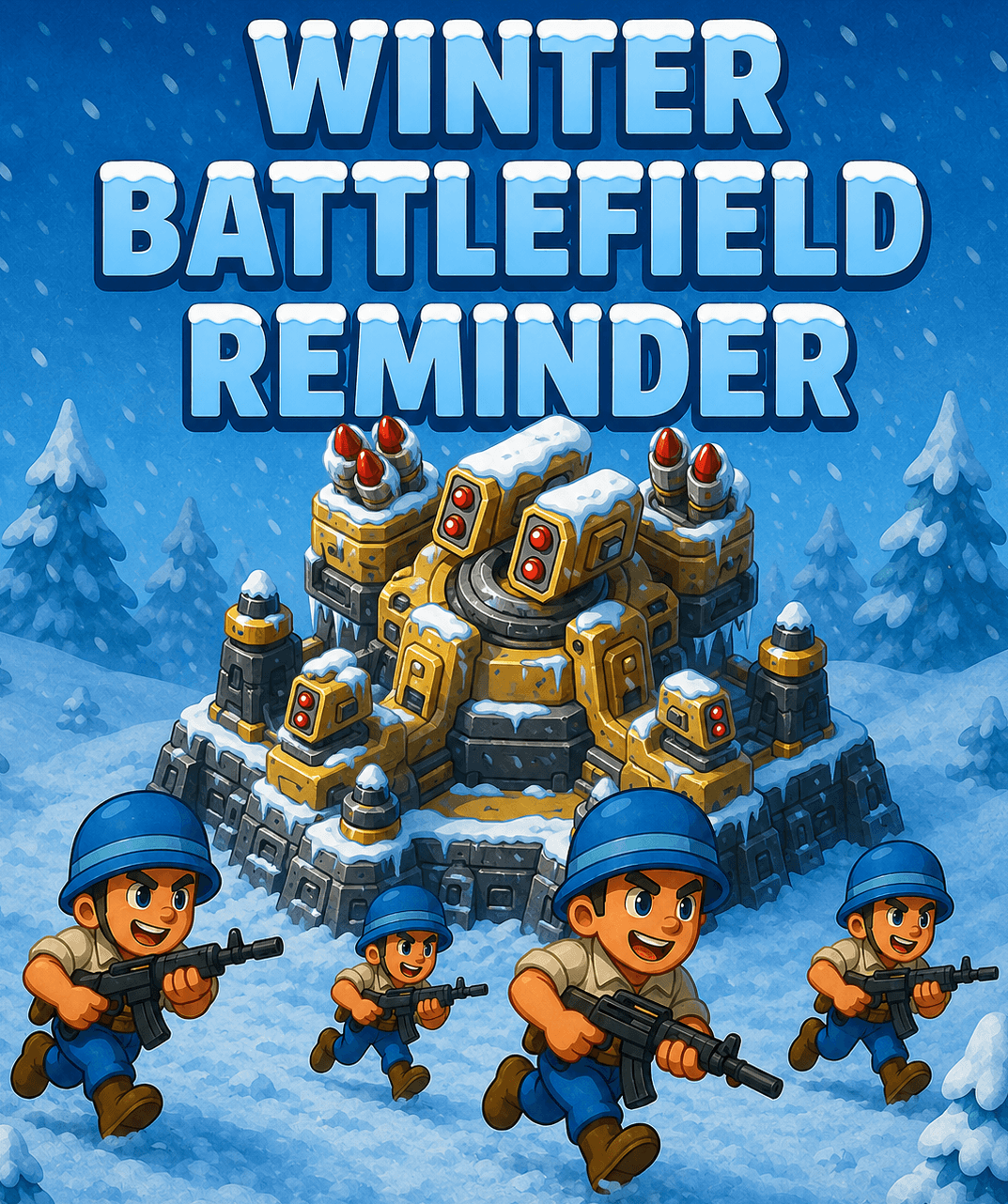 Winter-themed image with bold text 'WINTER BATTLEFIELD REMINDER' at the top, a snow-covered fortified base, and four cartoon soldiers in blue helmets running with rifles through a snowy landscape with pine trees.