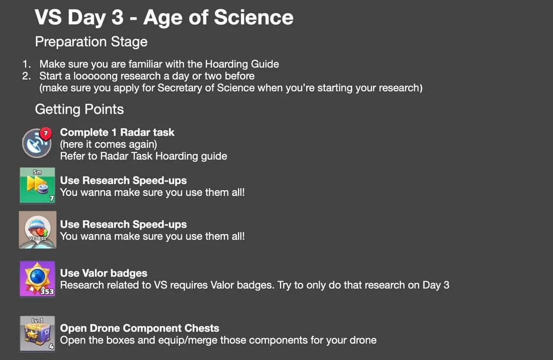 Infographic with a checklist for VS Day 3 - Age of Science in Last War: Survival Game, listing preparation steps like starting long research early, using research speed-ups, completing a radar task, using valor badges for research, and opening drone component chests, with brief strategy notes for each action.