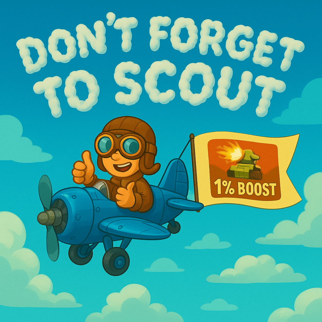 Cartoon pilot flying a blue airplane, giving a thumbs-up. Above, the words 'DON'T FORGET TO SCOUT' appear in cloud-like letters. A yellow flag on the plane shows a tank icon with an explosion and the text '1% BOOST.' The background is a bright blue sky with scattered clouds.