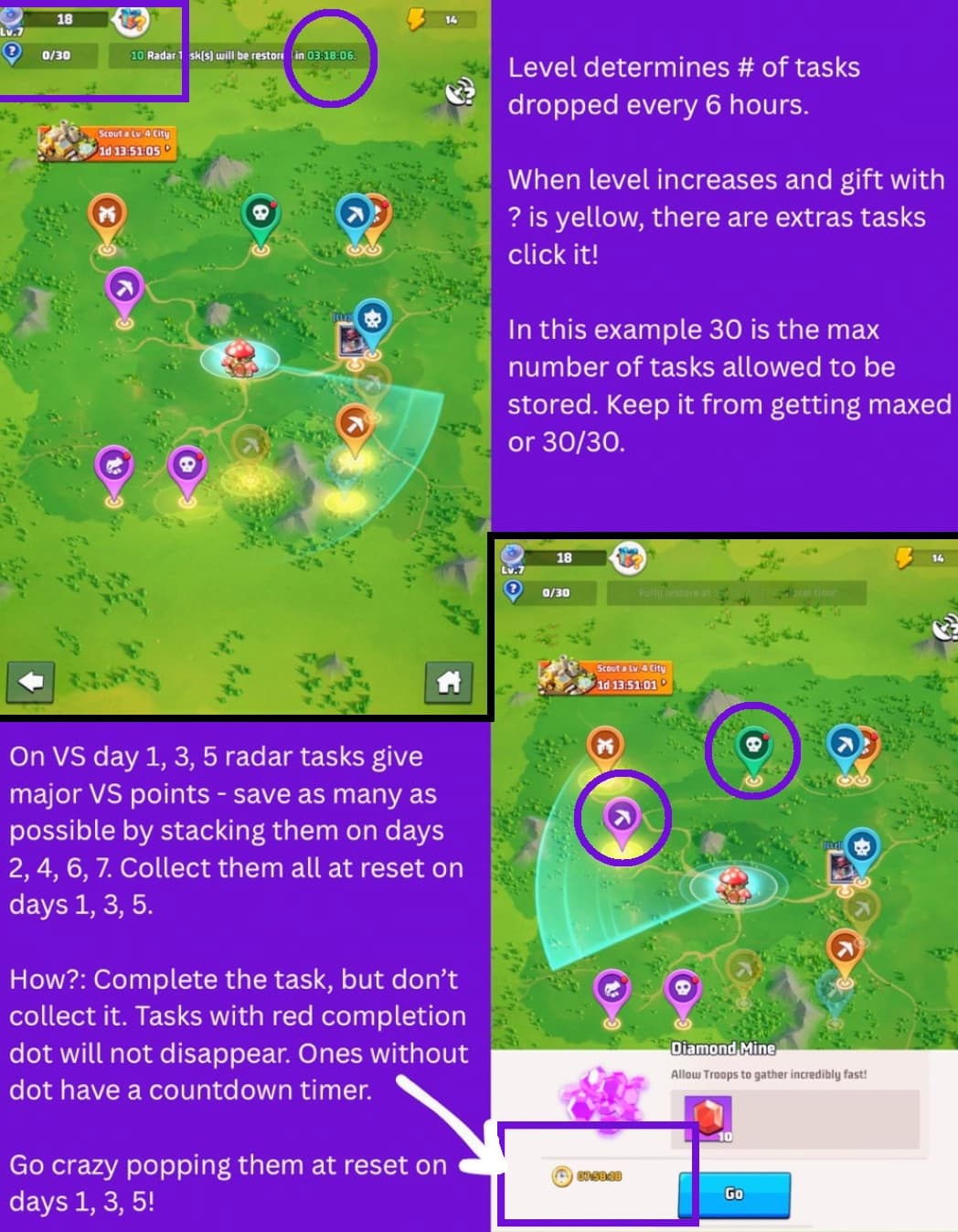 Infographic showing the Last War radar interface with highlighted task icons, storage cap indicator, and step-by-step instructions for stacking and collecting radar tasks to maximize VS event points. Includes annotated screenshots and visual cues for completed and uncollected tasks.