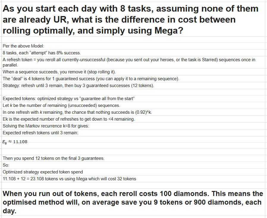 Comparison chart and calculations for Secret Tasks in Last War: Survival Game, showing expected token usage and savings between an optimized refresh strategy and the Mega refresh method for 8 daily tasks.